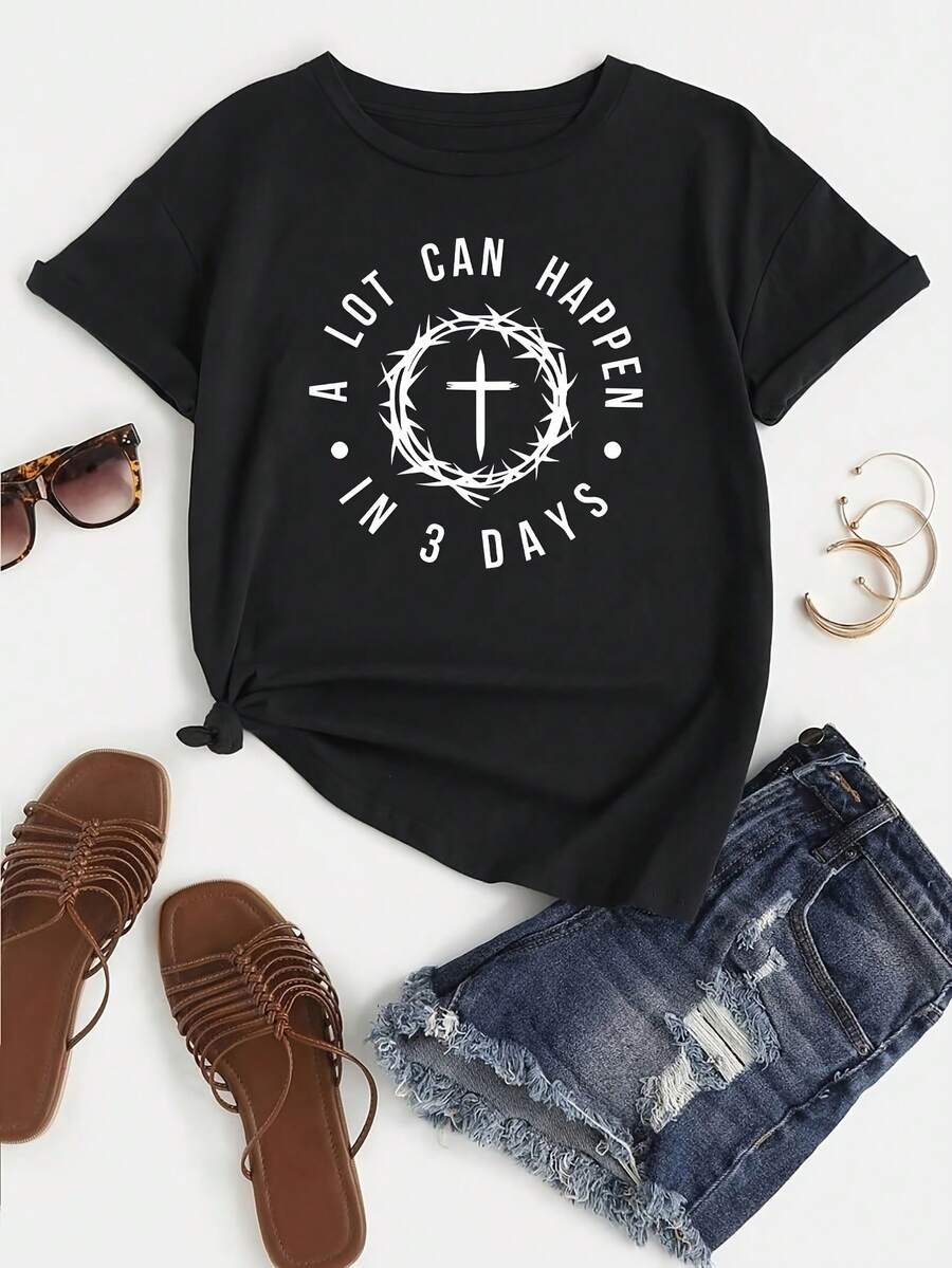 Christian Easter T-Shirts, Much Happens In 3 Days, Religious T-Shirts, Resurrection T-Shirts, Short-Sleeve T-Shirt With Letter Pattern Print, Casual Short-Sleeve Crew Neck T-Shirt For Summer And Spring, Women's Clothing - 黑色 - 查看 1