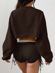 Women's Loose-Fitting Solid Color Crop Top, Black, Spring - Coffee - View 5