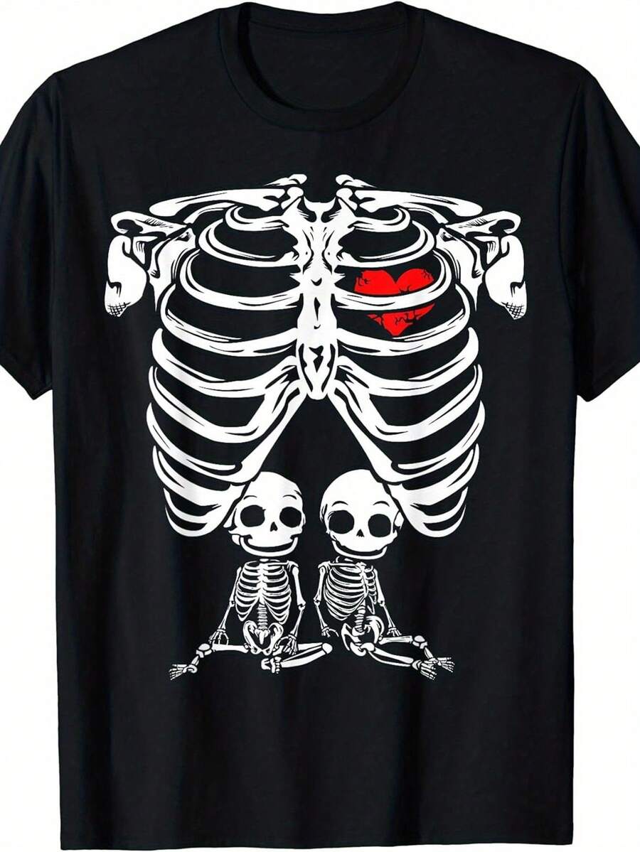 Funny Twin Pregnancy Announcement T-Shirt With Skeleton For Women | Humorous Twin Skeleton And Heart Design, Casual Short Sleeve Crew Neck T-Shirt, Comfortable Fit For All Seasons, Great For Halloween, Baby Showers And Everyday Wear - Fun Maternity Gift Idea - 黑色 - 查看 1