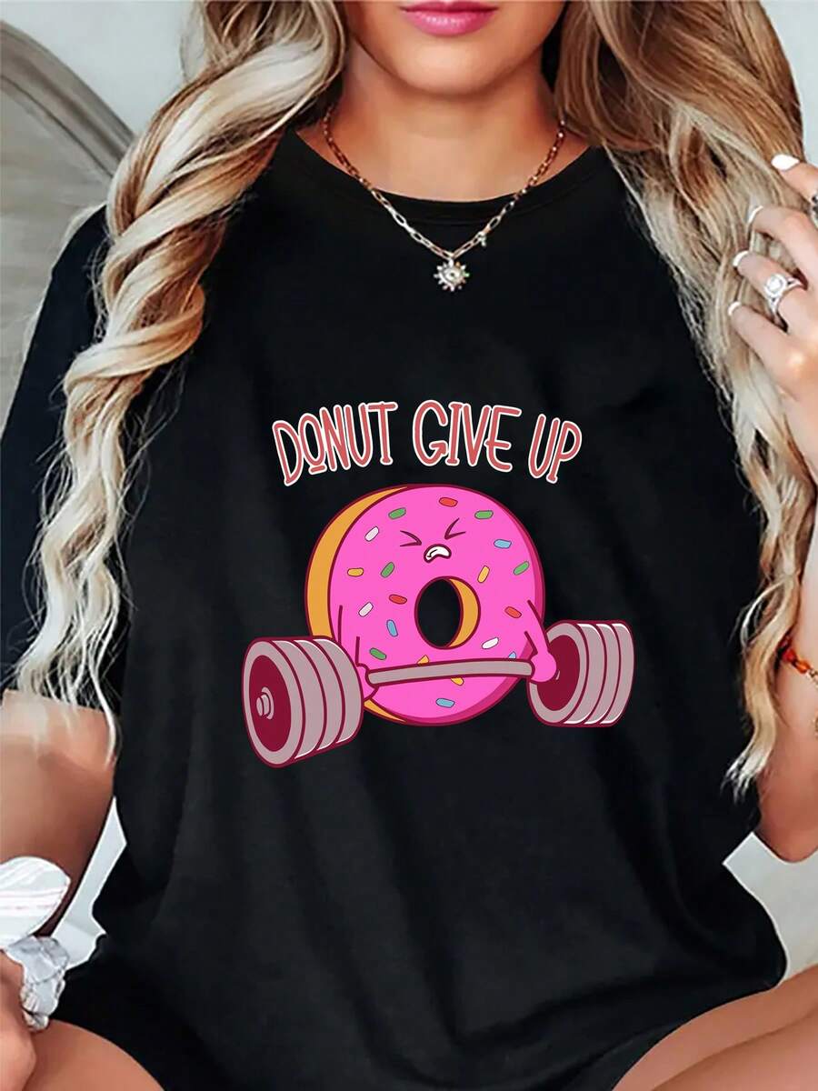 Women's Short Sleeve Sports T-Shirt, Fashionable Casual And Sporty Style - Rhodium Pink Donut Print, 1 Piece, With Fruit And Food Print - Breathable, Sweat-Absorbing, Lightweight, Comfortable And Soft - 黑色 - 查看 1