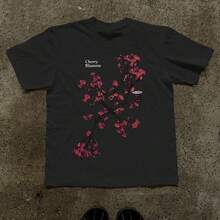 Vintage Cherry Blossom Print T-Shirt, Casual Short Sleeve Crew Neck Top, Suitable For Autumn, Summer And Spring, Women's Clothing, Autumn Short Sleeve Top, Everyday Wear - 黑色 - 查看 1