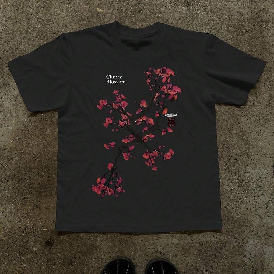 Vintage Cherry Blossom Print T-Shirt, Casual Short Sleeve Crew Neck Top, Suitable For Autumn, Summer And Spring, Women's Clothing, Autumn Short Sleeve Top, Everyday Wear - 黑色 - 查看 1