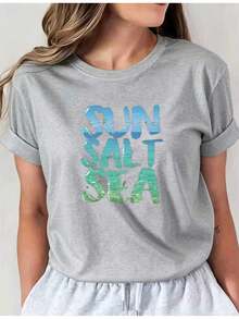 Women's Colorful Short Sleeve V-Neck T-Shirt, Spring/Summer Fashion, SUN SALT SEA Letter Print, 1-Pack, Stylish Colorful Short Sleeve V-Neck T-Shirt, Casual Round Neck Top 6067I01, Comfortable Women's Clothing. S2PB - 灰色 - 查看 1