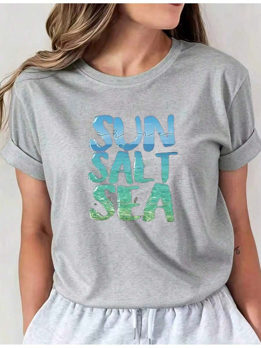 Women's Colorful Short Sleeve V-Neck T-Shirt, Spring/Summer Fashion, SUN SALT SEA Letter Print, 1-Pack, Stylish Colorful Short Sleeve V-Neck T-Shirt, Casual Round Neck Top 6067I01, Comfortable Women's Clothing. S2PB - 灰色 - 查看 1