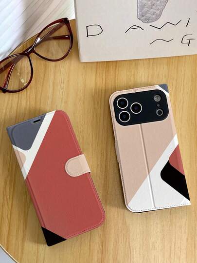 1pc Minimalist Geometric Color Block Pattern Full Coverage Classic Anti-Drop High-Quality Sheepskin PU Leather Flip Phone Case With Foldable Stand For Watching TV/Videos, Card Slots, Suitable As Birthday/Holiday Gift For Friends, Family, Couples, Fits IPhone17/IPhone17 Air/IPhone17Pro/IPhone17Pro Max/IPhone16/IPhone16 Plus/IPhone16Pro/IPhone16Pro Max/IPhone15/IPhone15 Plus/IPhone15Pro/13/14/12/11