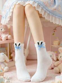 1/2/4 Pairs Women's Handmade Cute Rabbit Ear, Bowknot, Lolita Style Mid-Calf Socks - Multicolor - View 6