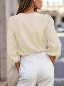 Blusa de manga larga con cuello en V de unicolor para mujer, elegante y esencial para el trayecto de primavera - Albaricoque - Ver 3