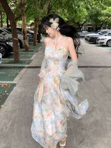 Women's Long Bohemian Dress, Halter Neckline With Pearl Appliqué, Multicolored Floral Print, Wide Princess-Style Skirt In Transparent Organza, Includes Knitted Bolero, Fresh And Elegant Style Ideal For Spring Holidays And Garden Parties. - 淺藍色 - 查看 7