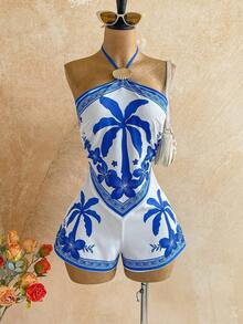 Este nuevo mono mini con estampado floral tropical sin espalda y adornos metálicos es perfecto para fiestas, citas, el Día de San Valentín, Pascua, carnavales, té de la tarde, playas, cruceros, vacaciones en la ciudad, estilos bohemios, patrones florales románticos y otras ocasiones. - Multicolor - Ver 4
