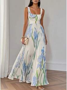 Women's Floral Print Pleated Long Dress With Straps European American Style Summer Casual Elegant Maxi Dress - 白藍色 - 查看 1