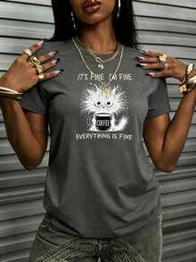 Women's Short-Sleeved T-Shirt With A Round Neck, Casual Style, Loose Fit, Slogan Print, New Summer Collection, Ideal For Everyday Wear And Holidays. Women's T-Shirt. White - 深灰色 - 查看 2