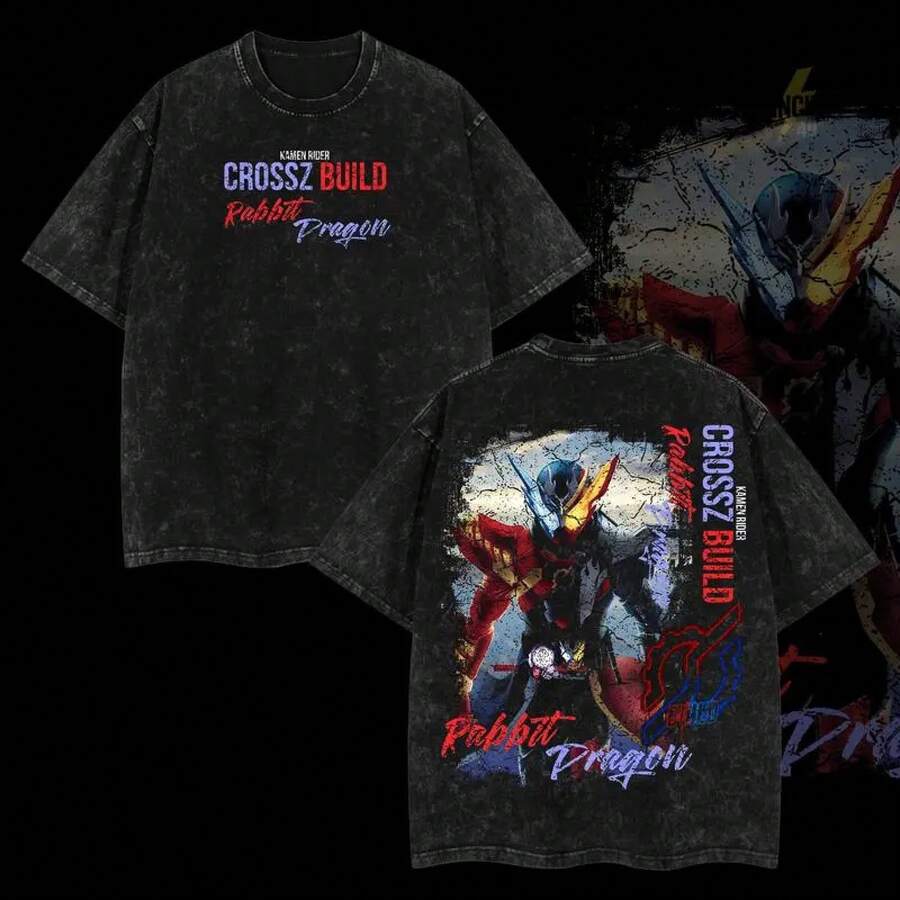 InvincibleLife4U Retro Kamen Rider Crossz Build Rabbit Dragon Oversize T-Shirt, 100% Premium Cotton, Relaxed Fit, Sizes S-5XL, Classic Men's Clothing, Soft VYT0 - 黑色 - 查看 1