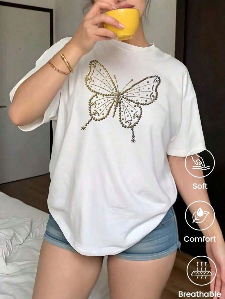 Soft, Fashionable Short-Sleeved T-Shirt For Spring And Summer, Made In Mexico, 200 Grams. Cartoon Print, Couple Design, Suitable For Indoor Or Outdoor Wear. Crew Neck, Unisex, Ideal For Office And Leisure. One-Pack, Elegant Women's Blouses - 白色 - 查看 1