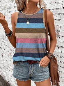 Camiseta de tirantes holgada de verano para mujer, estampado de patrón de correa de mezclilla, elegante y versátil, apta para uso casual, vacaciones y paseos, con un estilo minimalista y retro - Multicolor 13 - Ver 4