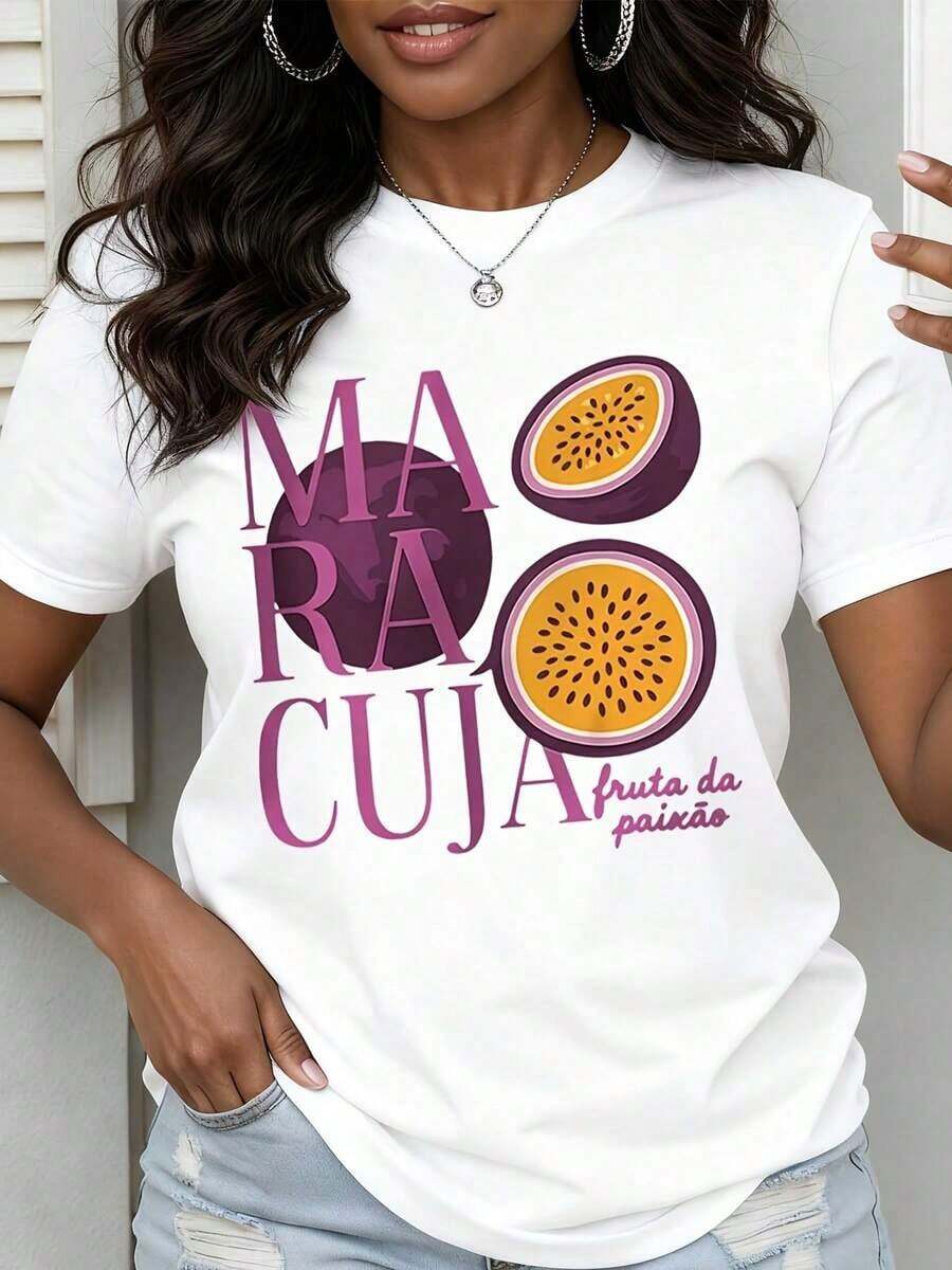 New Women's Summer Casual T-Shirt With Passion Fruit Print, Urban Vintage Style, Unisex, Cotton, Short Sleeve, Round Neck - 白色 - 查看 1