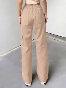 Women's Straight Leg Cargo Pants With Multiple Pockets, High-Waisted, Slim And Loose Jeans - 卡其色 - 查看 3