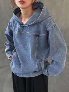 Chaqueta vaquera con capucha casual y holgada para mujer - Azul - Ver 7