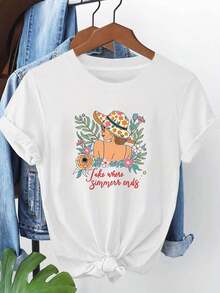 Size - Size - Holiday Floral Graphic Print T-Shirt For Women, Casual Short Sleeve Crew Neck Top For Summer And Spring, Women's Clothing - 白色 - 查看 6