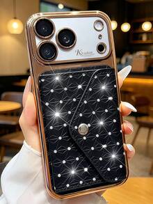 1个奢华优雅星空图案手机壳，带双折钱包卡槽和闪亮摄像头镜头保护膜，兼容 - 黑色 - 查看 2