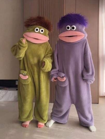 2 Paquetes/1 Paquete Pijama de una pieza de felpa coral suave y divertido, adecuado para cosplay y ropa de estar en casa premium, unisex, con diseño de monstruo de boca grande, pijamas de felpa coral gruesa y divertidos para parejas hombre y mujer en otoño e invierno