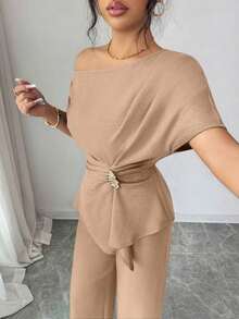 onjunto de primavera/verano para mujer con pantalón ancho de una sola manga con hebilla metálica en la cintura, adecuado para uso diario, bodas, galas, ir al trabajo, fiestas de graduación, vacaciones, citas, fiestas, Halloween, Navida - Albaricoque - Ver 6