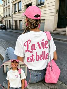 Made Of Cotton And Printed With The Phrase "La Vida Hermosa" (Beautiful Life), This Crew Neck T-Shirt Is A Spring/Summer Style For Women, With A Loose, Sweet, And Cute Design. A Modern And Simple T-Shirt With An Urban Style, This Short-Sleeved Women's T-Shirt Is Made Of Lightweight And Breathable Fabric. QFGP - 白色1 - 查看 4