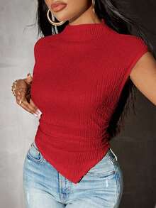 Camiseta de punto con bajo asimétrico de unicolor para mujer, primavera - Rojo - Ver 3