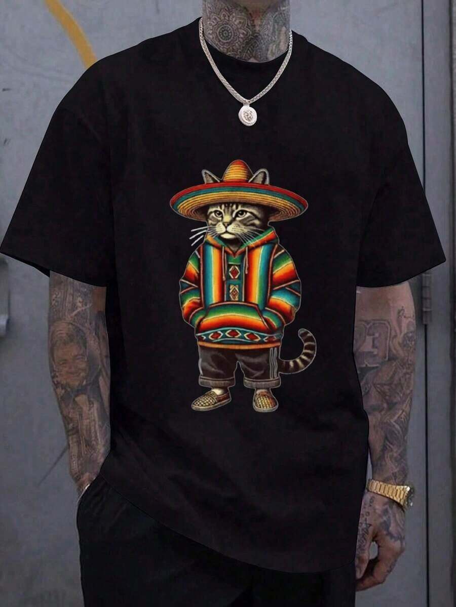 Men's T-Shirt With Mexican-Style Cat Print - Black - View 1