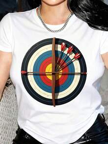 New Arrivals For Summer. Women's T-Shirt With Rustic Archery And Bow Print - Casual Short-Sleeve Crew Neck Tee, Vibrant Geometric Design, Perfect For Spring And Summer, White With Colorful Target Graphic, Ladies' T-Shirts, Blouse, Shirt > Beautiful. - 白色 - 查看 1