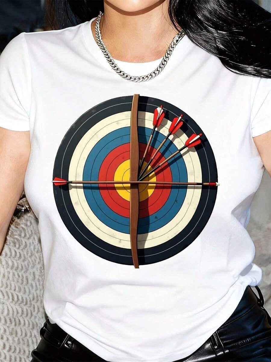 New Arrivals For Summer. Women's T-Shirt With Rustic Archery And Bow Print - Casual Short-Sleeve Crew Neck Tee, Vibrant Geometric Design, Perfect For Spring And Summer, White With Colorful Target Graphic, Ladies' T-Shirts, Blouse, Shirt > Beautiful. - 白色 - 查看 1