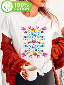 Women's T-Shirt - Mexican Floral Print With Polka Dots, Bohemian Spring Style, Casual Short Sleeve Round Neck Top For Summer And Spring, Women's Clothing, Going Out Tops - 白色 - 查看 12