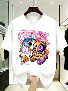 Women's T-Shirt With Wolf And Bear Print - Short Sleeve T-Shirt With Cartoon Graffiti Print, Soft Round Neck, Breathable Summer Top, Flame And Crown Design, Fun Urban Clothing, Unisex, Perfect Gift For Friends And Family. - 白色 - 查看 7