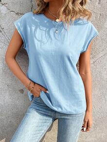 Camiseta casual de cuello redondo y mangas de murciélago - Celeste - Ver 4
