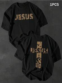 T-Shirt With Jesus Cross Print - Faith Theme - 100% Cotton With Latin Prayer Text And Medal Print, With Benedictine Elements - Catholic Religious Gift, - Available In Sizes S-2XL, 's Day Gift, Suitable For Casual Daily Wear And Outdoor Activities. - 黑色 - 查看 1