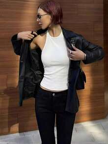 Top de tirantes finos ajustado y sin espalda, top de ajuste ceñido para capas, casual negro para otoño/invierno y verano - Blanco - Ver 1