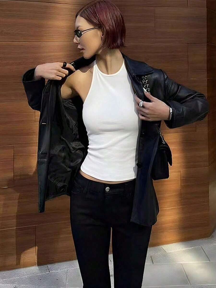 Top de tirantes finos ajustado y sin espalda, top de ajuste ceñido para capas, casual negro para otoño/invierno y verano - Blanco - Ver 1