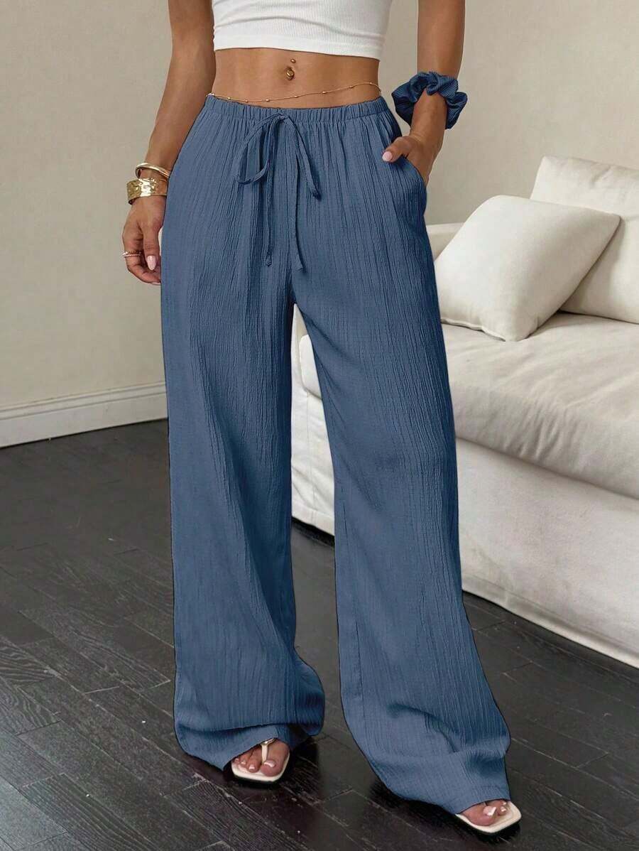 [Free Shipping]Women's Casual Plain Slant Pockets Textured Long Pants Fall Cloth For Women - Teal Blue - View 1