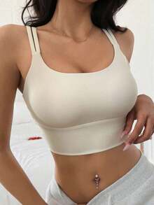 Sujetador deportivo minimalista de unicolor y de peso ligero que da forma para mujeres - Beis - Ver 9