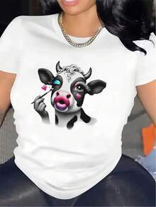 Short-Sleeved T-Shirt With Cow Print | Durable And Comfortable, For Restaurant Or Living Room, Soft Fabric, Stylish And Lightweight Top For Everyday Wear, Round Neck, Medium Stretch Fabric, Printed Pattern - 白色 - 查看 1