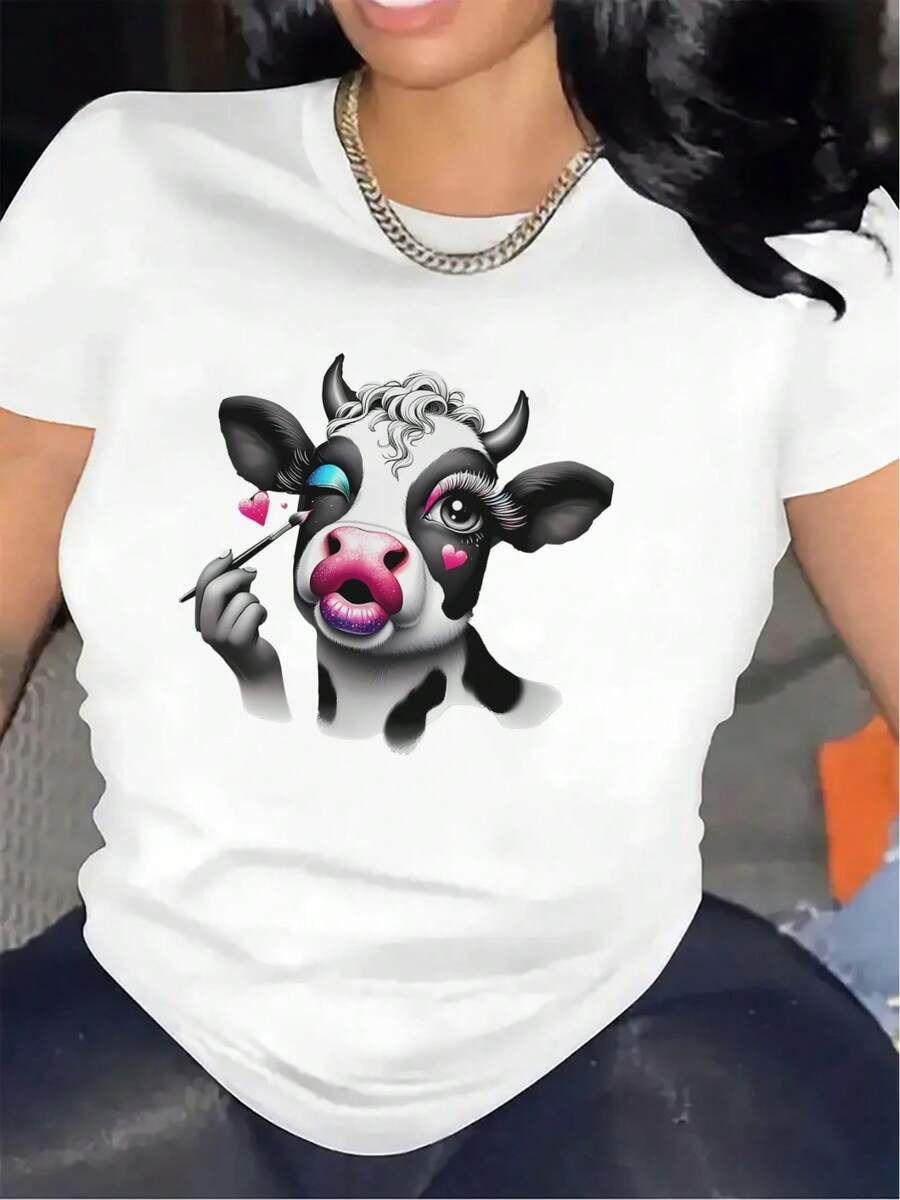 Short-Sleeved T-Shirt With Cow Print | Durable And Comfortable, For Restaurant Or Living Room, Soft Fabric, Stylish And Lightweight Top For Everyday Wear, Round Neck, Medium Stretch Fabric, Printed Pattern - 白色 - 查看 1