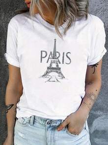 Round Neck T-Shirt With Eiffel Tower Print, Casual Short Sleeve T-Shirt For Spring/Summer, Women's Clothing - 白色 - 查看 7