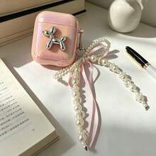 Pink Puppy Enamel Shell With Butterfly Faux Pearl Hanging Decoration, Protective Case Compatible With Apple Wireless Charging Case, Scratch-Resistant And Anti-Drop - Multicolor - View 4