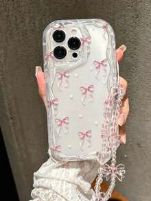 Bowknot Transparent Painted With Chain Cream Ripple Wavy Edge Simple Anti-Fall Thickened Phone Protective Case, Compatible With Apple - Multicolor - View 1