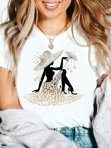 Retro Pearl Fashion Graphic T-Shirt, 100% Cotton Oversized Soft Breathable Casual Crewneck Short Sleeve Top, Romantic Aesthetic Summer Vibes Tee For Women & Fashion Lovers - 白色 - 查看 1