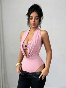 Body de mujer de unicolor con cuello drapeado y recortes huecos - Rosa - Ver 4