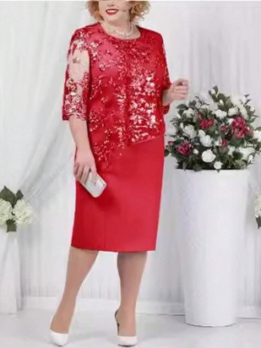 New Women's Plus Size Cocktail Dress, Light Blue, Round Neck, 3/4 Sleeves, Lace Appliqués, Mock Double Layer, Elegant And Flattering Design, Perfect For Events, Parties And Dinners - 紅色 - 查看 1