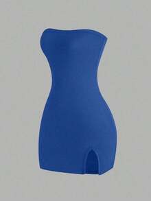 Vestido de tubo de color liso con abertura alta para ropa de Año Nuevo, minivestido corto para mujer - azul real - Ver 8