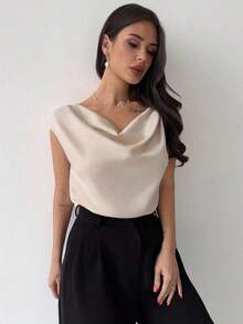Body de satén asimétrico con volantes en el cuello, estampado de patrones minimalistas y elegantes, adecuado para citas, viajes y vestimenta laboral, con estilo elegante - Albaricoque - Ver 5