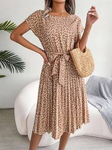Vestido largo plisado de manga corta para mujer, de cintura alta vestido elegante, moda Floral, línea A, primavera y verano - Amarillo - Ver 5