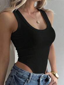 Mono de lunares acanalado sexy estilo Y2K, top ajustado sin mangas de cuello en U, mono acanalado de lunares estilo retro americano - Negro - Ver 5